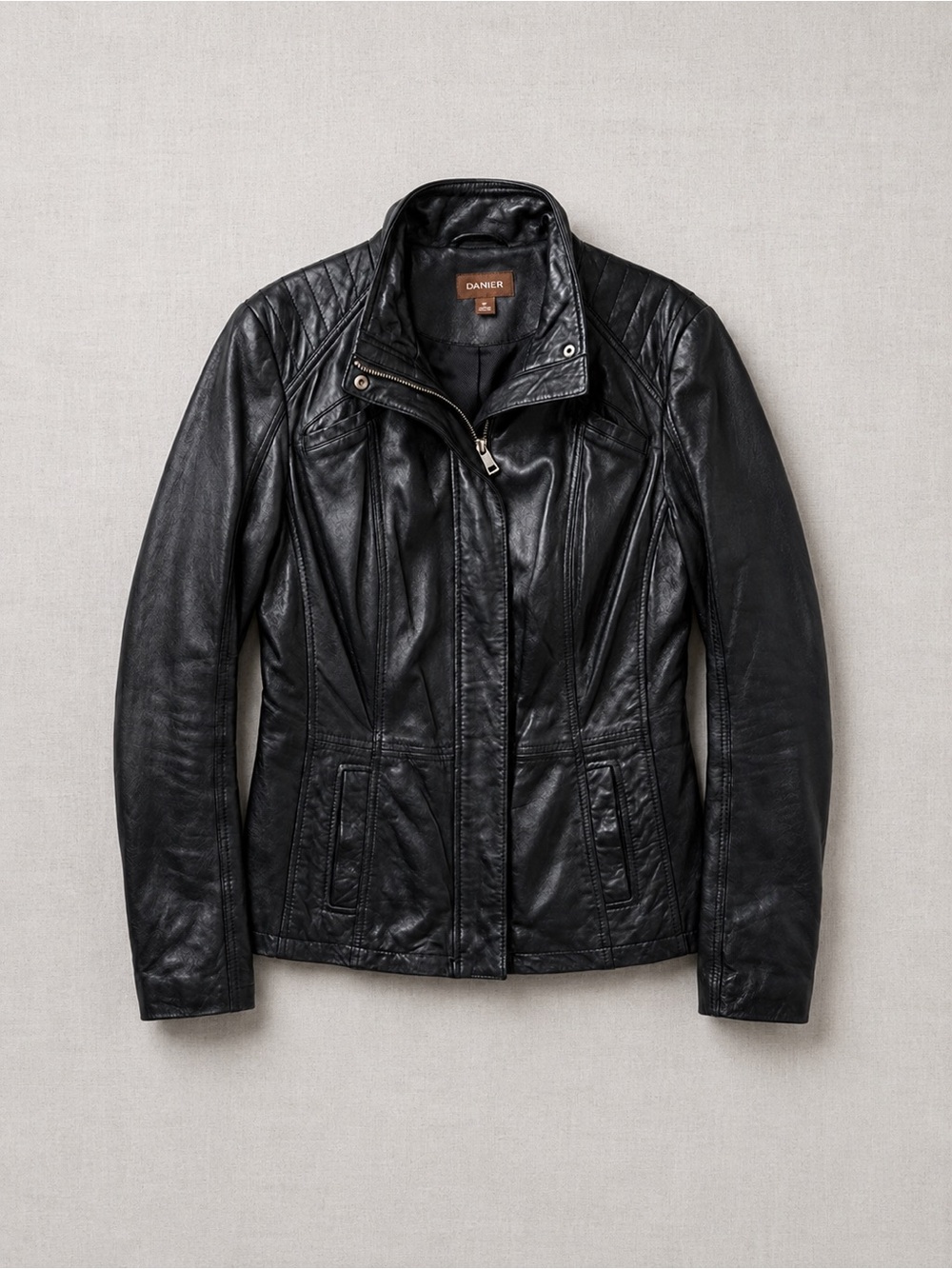 Danier Black Women's Leather Vintage Moto Jacket with Quilted Shoulders